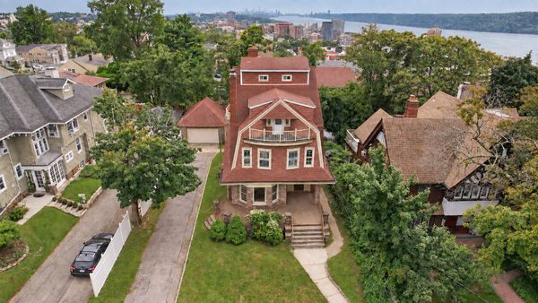 Aerial view over the driveway and front lawn of 10 Delavan Terrace