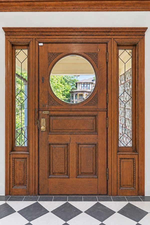 Detail of the leaded glass beside the oak front door